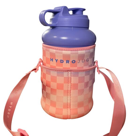 HydroJug with Pink Gingham Sleeve and Purple Lid - Picture 1 of 11